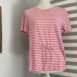 J. Crew Coral & White Striped Tie-Waist Pocket T-Shirt Blouse Size Medium NWT